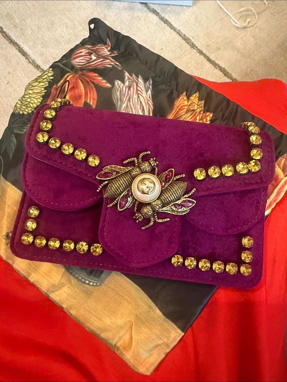 Gucci Purple Suede Bee-Embellished Crossbody
